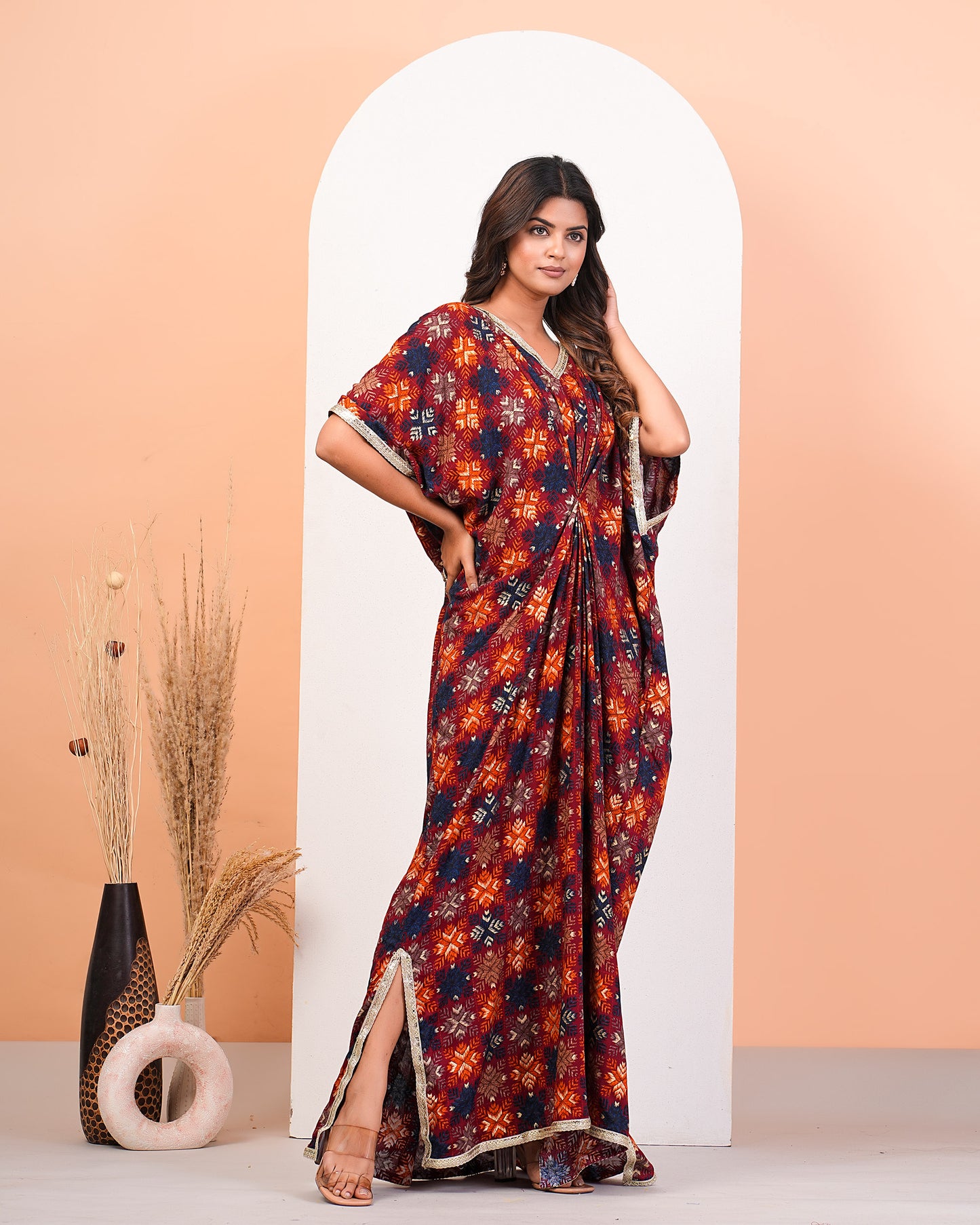 Multicolour Geometric Foil Printed Kaftan Dress