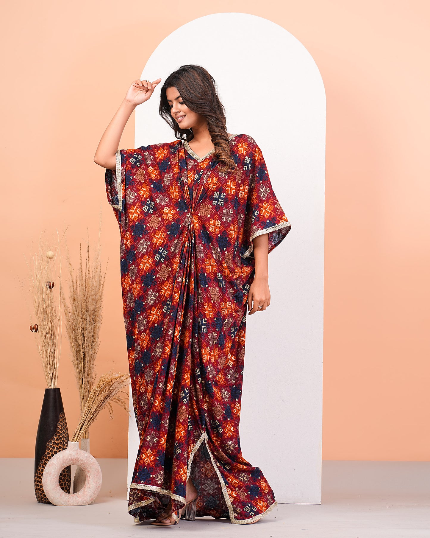 Multicolour Geometric Foil Printed Kaftan Dress