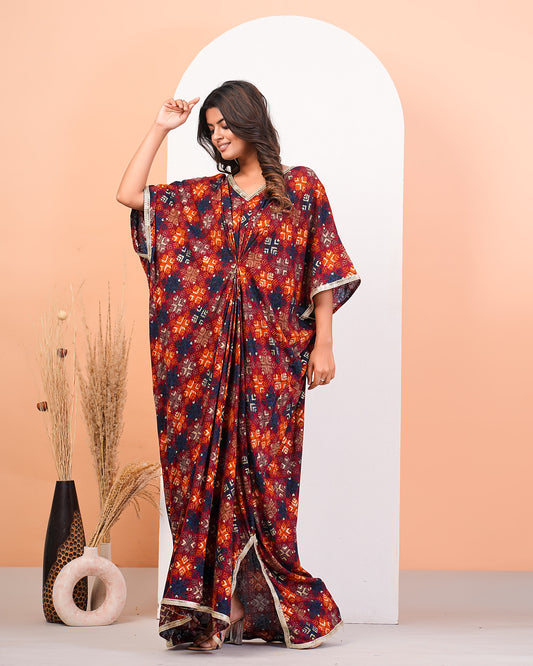 Multicolour Geometric Foil Printed Kaftan Dress