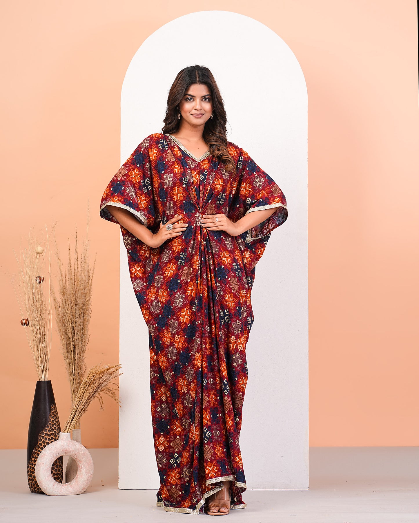 Multicolour Geometric Foil Printed Kaftan Dress