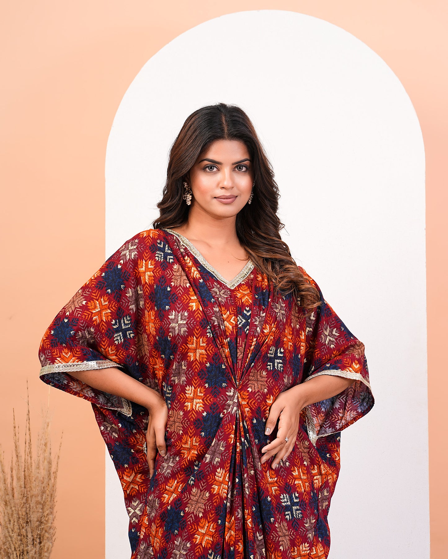 Multicolour Geometric Foil Printed Kaftan Dress