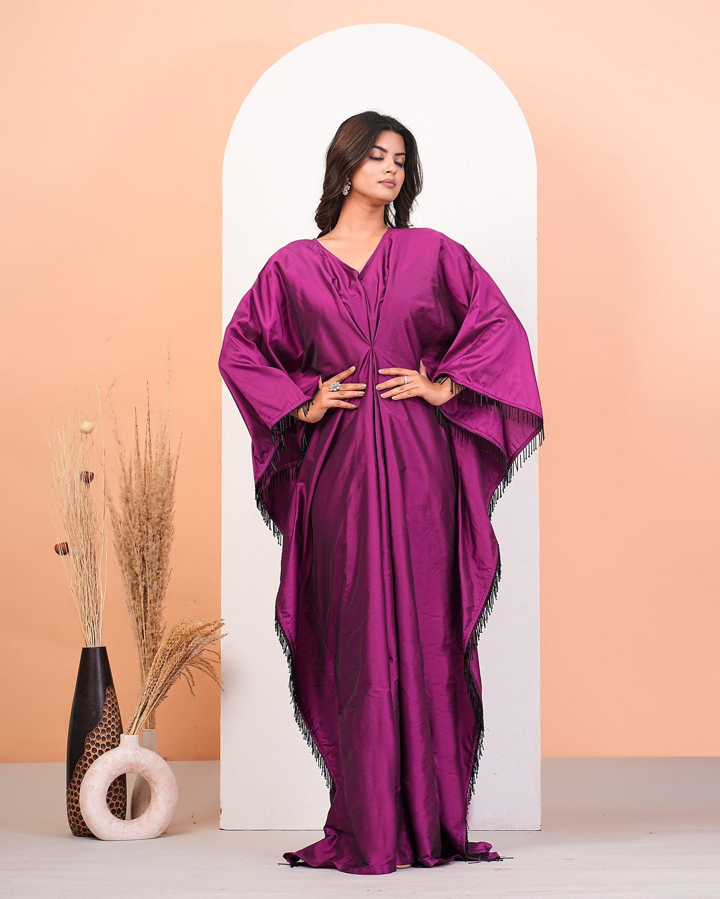Radiant Orchid Pink Floor-Length Kaftan Dress With Tassel Embellishments