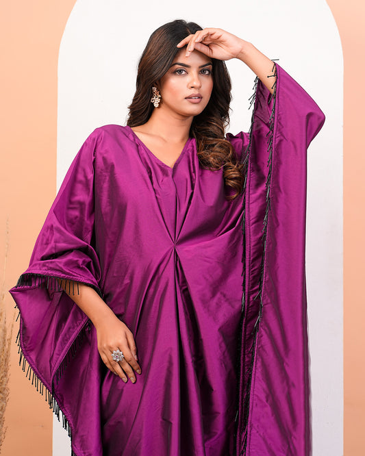 Radiant Orchid Pink Floor-Length Kaftan Dress With Tassel Embellishments