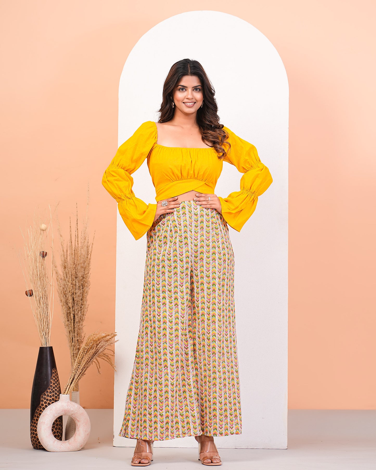 Yellow Slub Top With High Waisted Pant Set