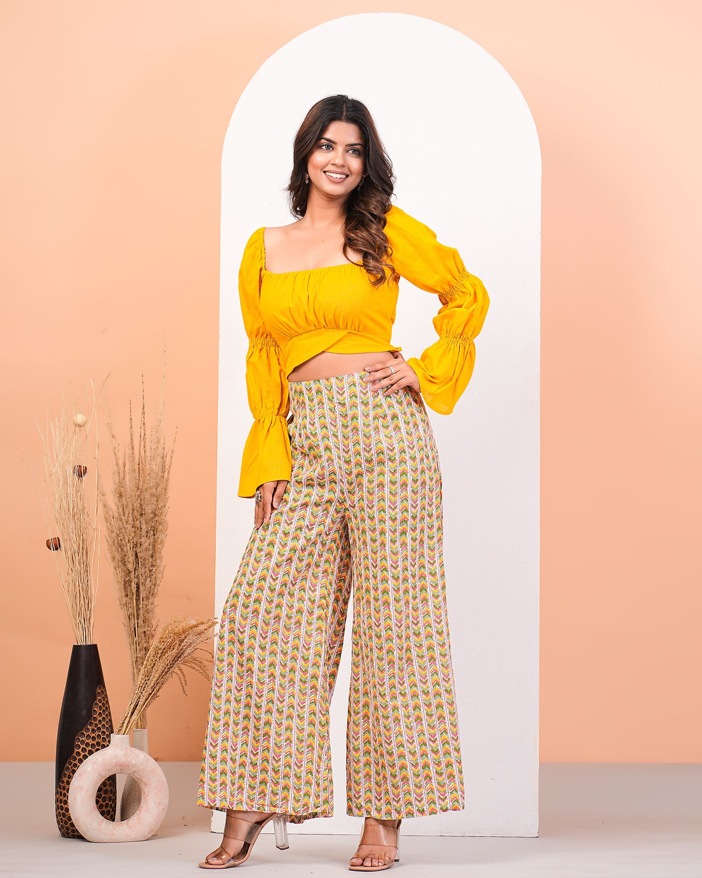 Yellow Slub Top With High Waisted Pant Set