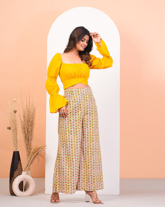 Yellow Slub Top With High Waisted Pant Set
