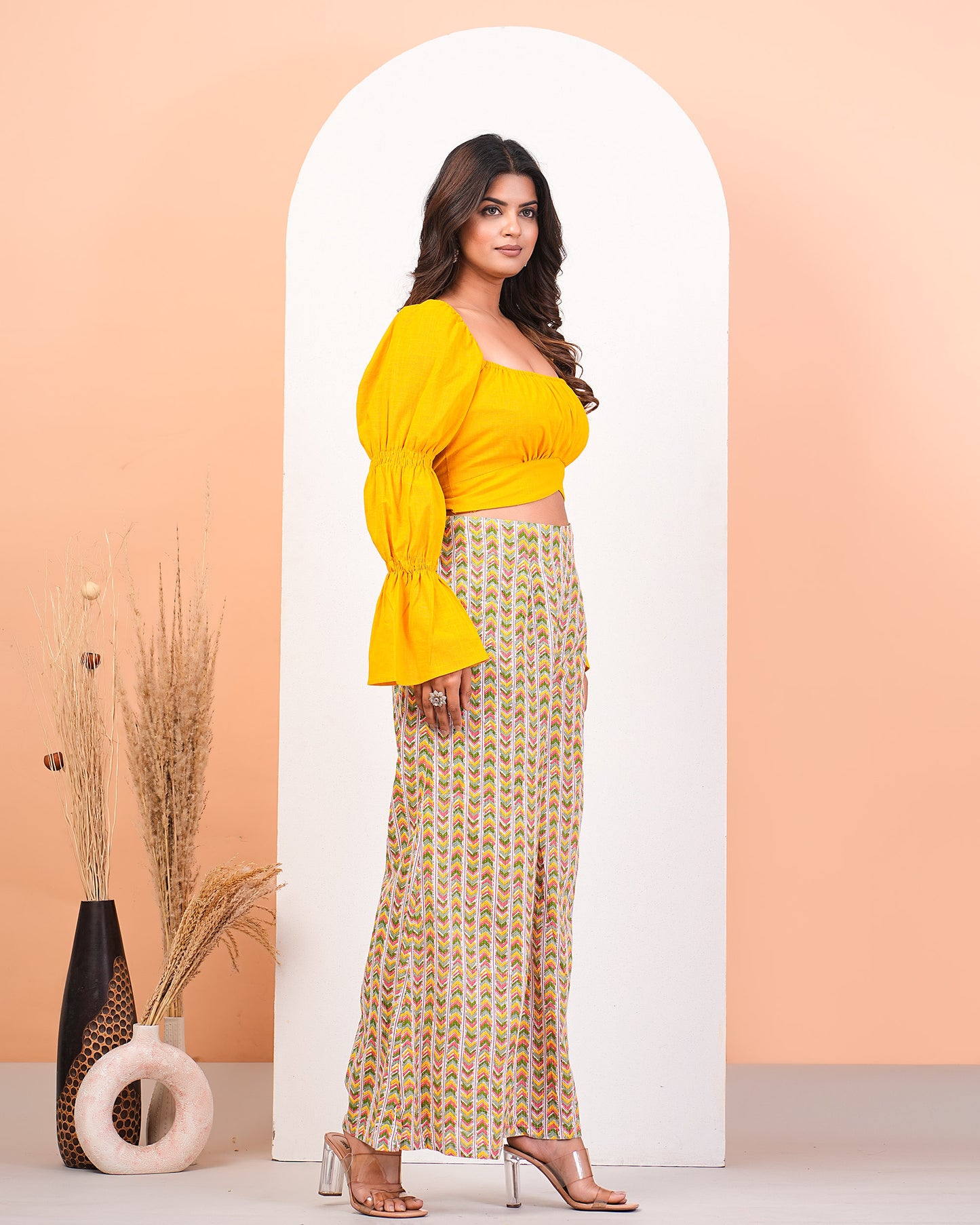 Yellow Slub Top With High Waisted Pant Set