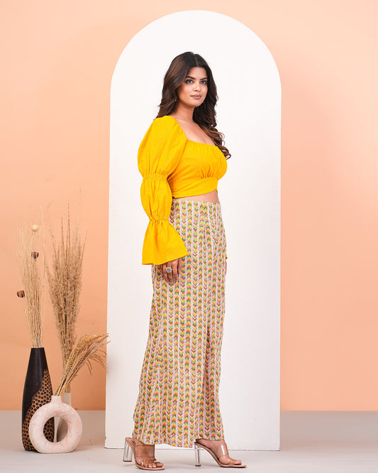 Yellow Slub Top With High Waisted Pant Set