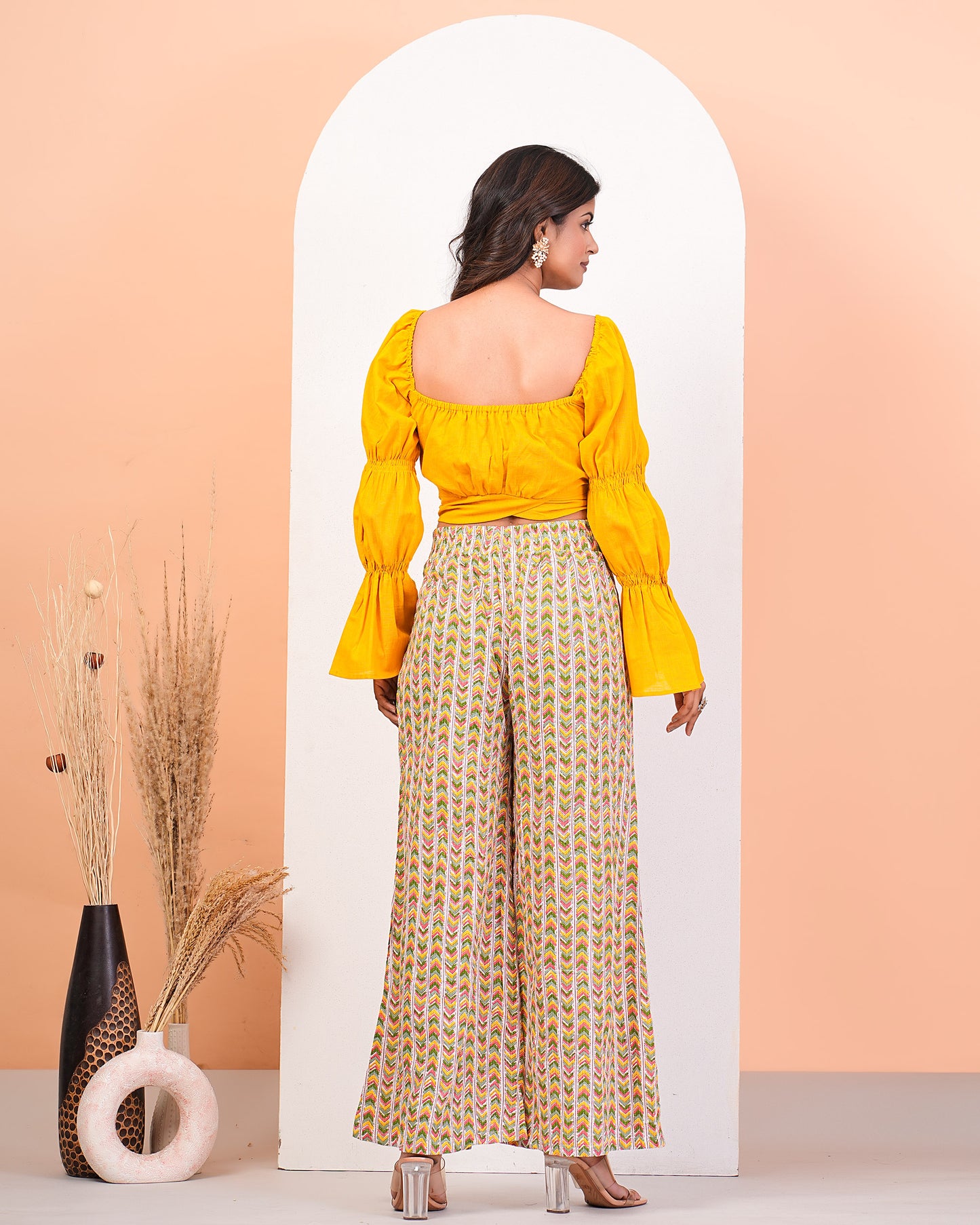 Yellow Slub Top With High Waisted Pant Set