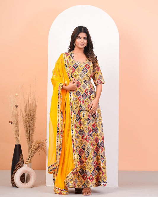 Sunburst Multicolored Printed Anarkali Suit Set