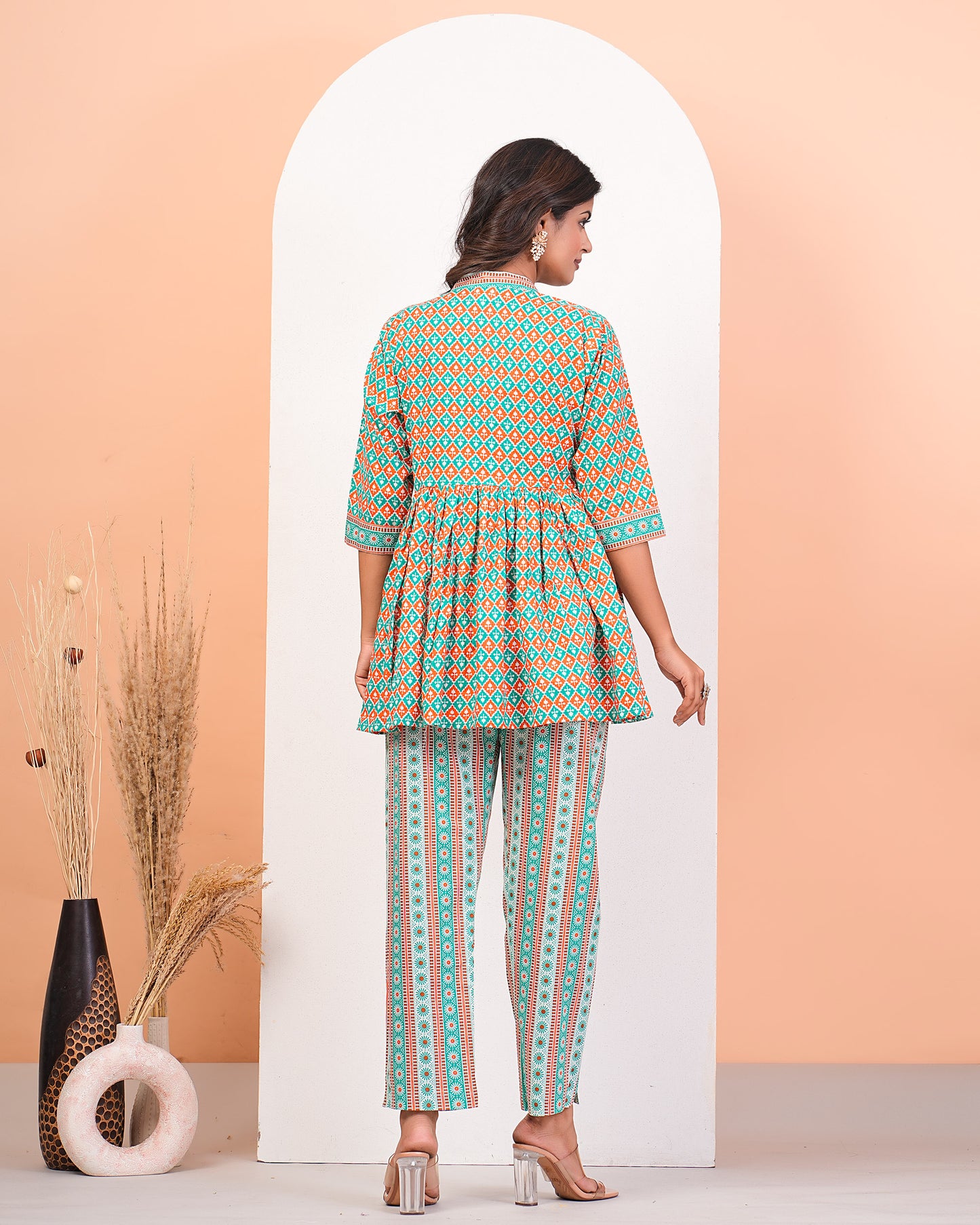 Multicolour Screen Print Peplum Kurta Pant Set