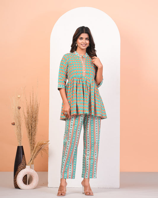 Multicolour Screen Print Peplum Kurta Pant Set