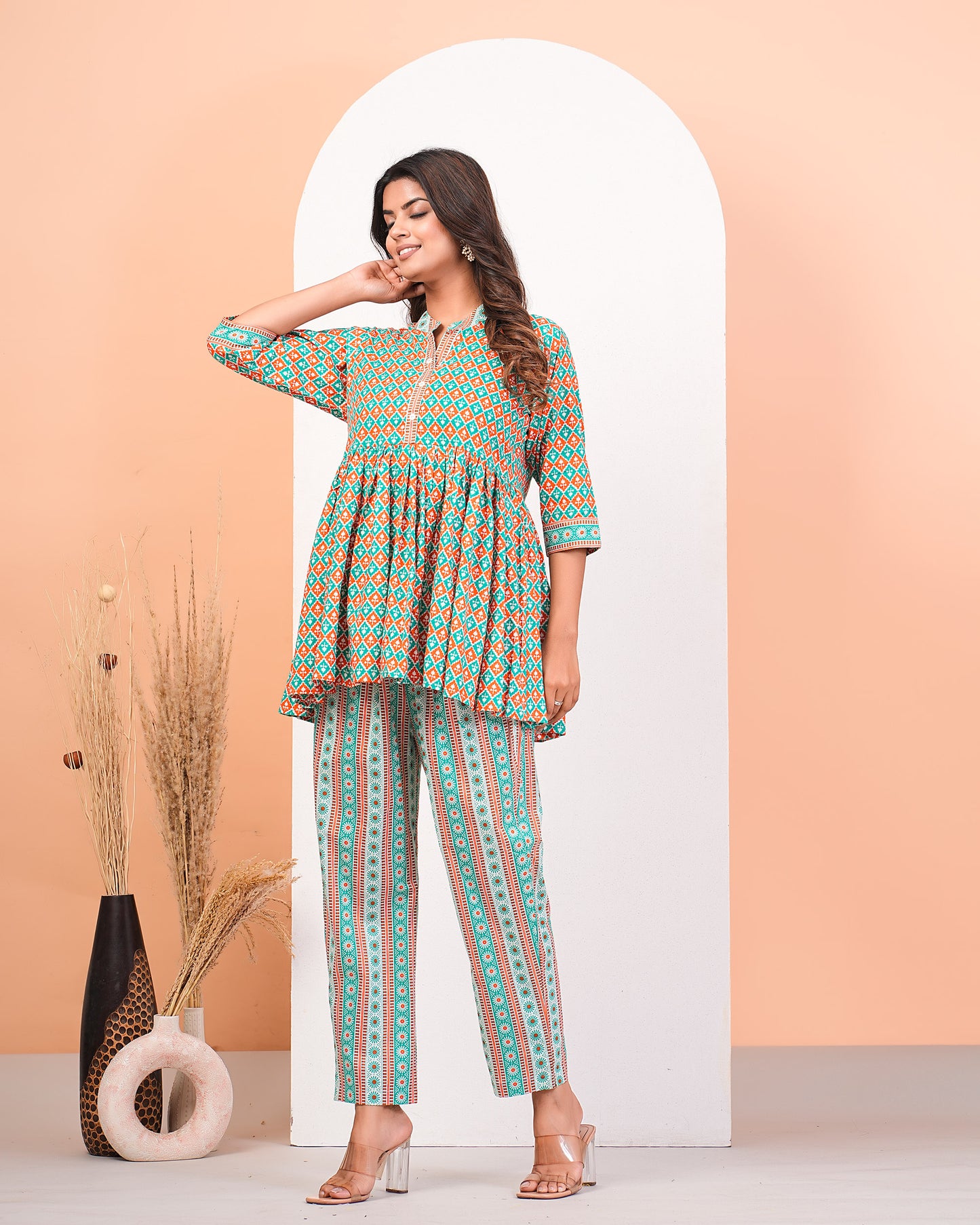 Multicolour Screen Print Peplum Kurta Pant Set