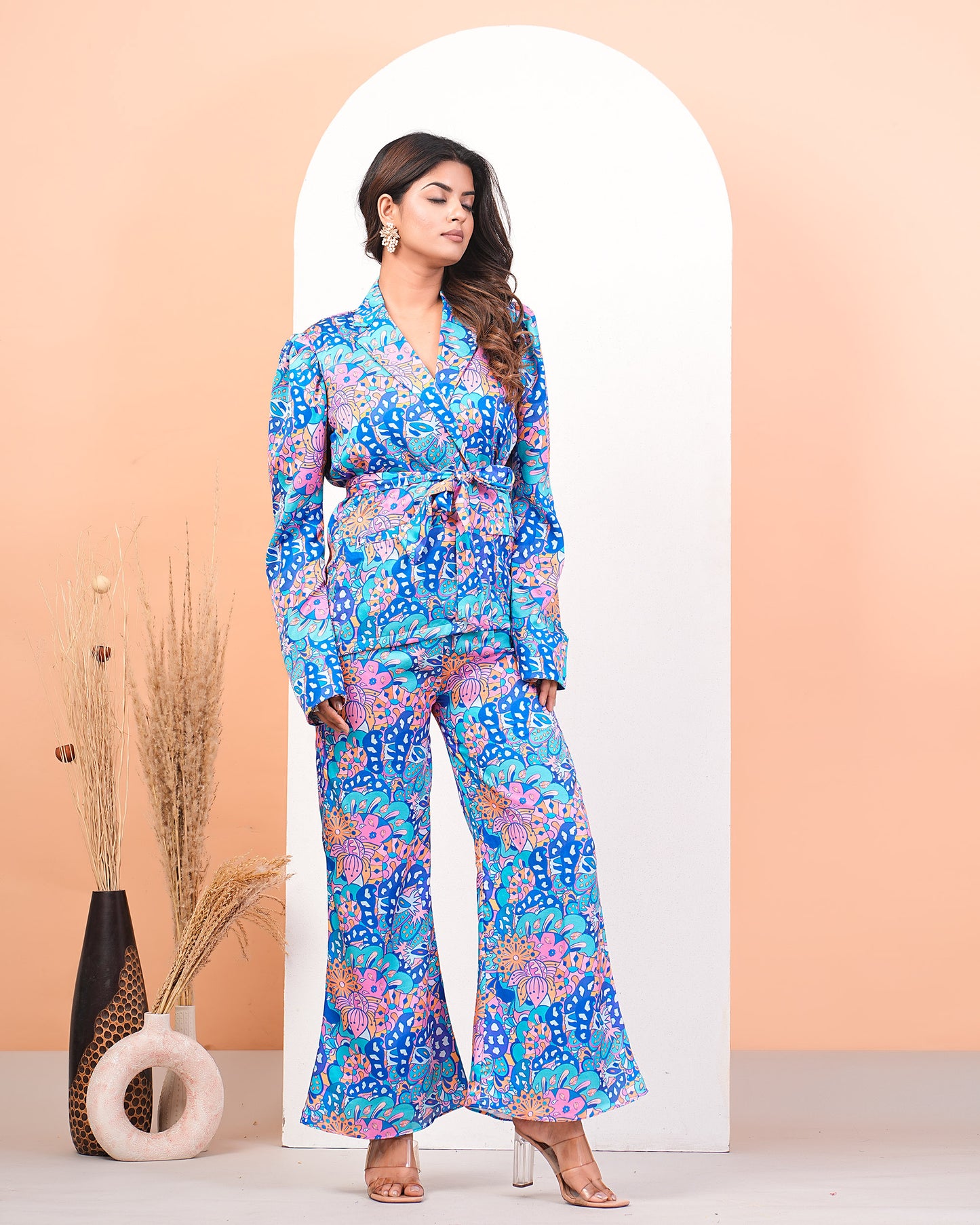 Multicolour Modal Satin Printed Pant Suit Set