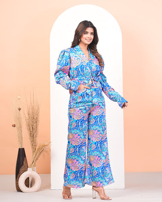 Multicolour Modal Satin Printed Pant Suit Set