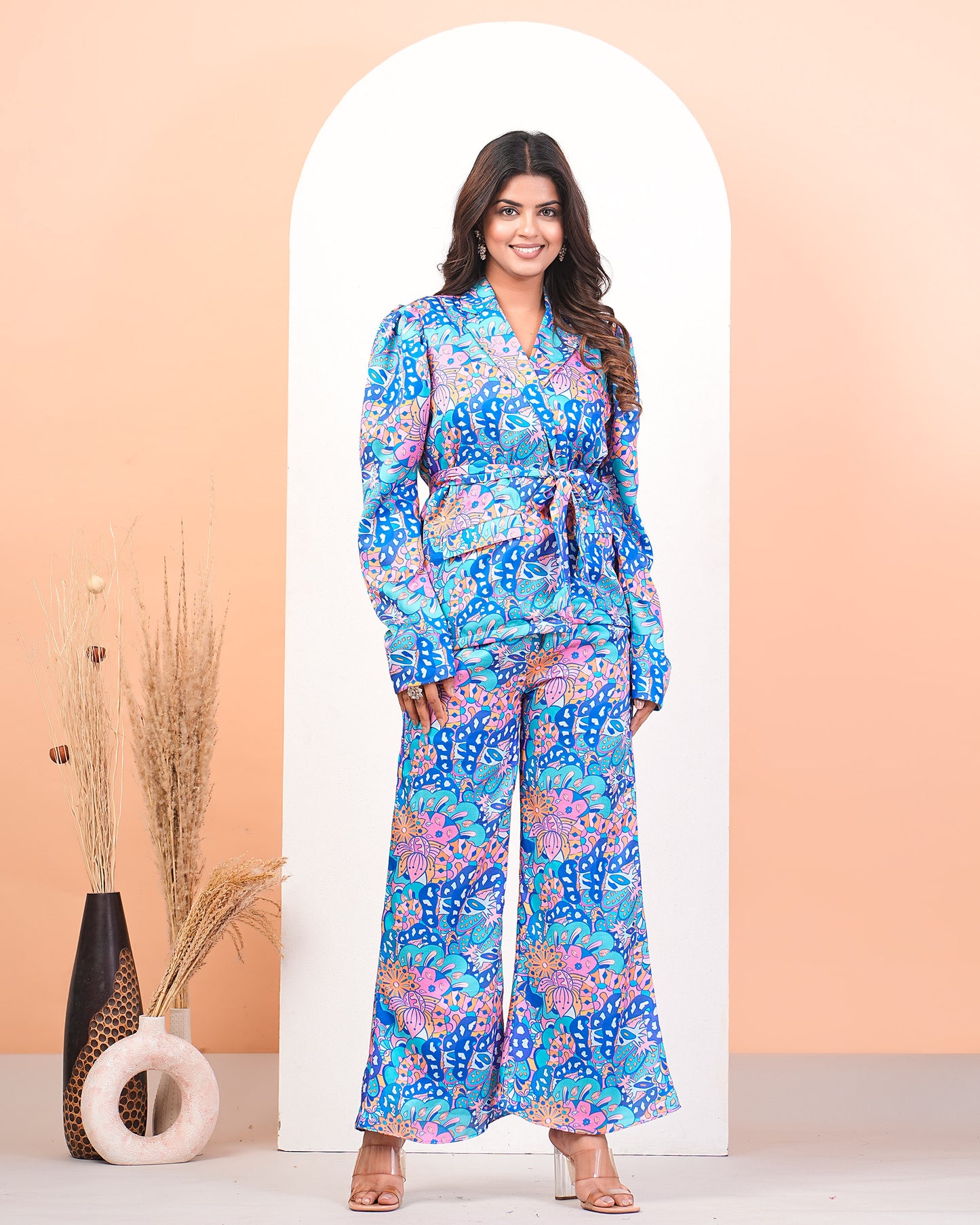 Multicolour Modal Satin Printed Pant Suit Set