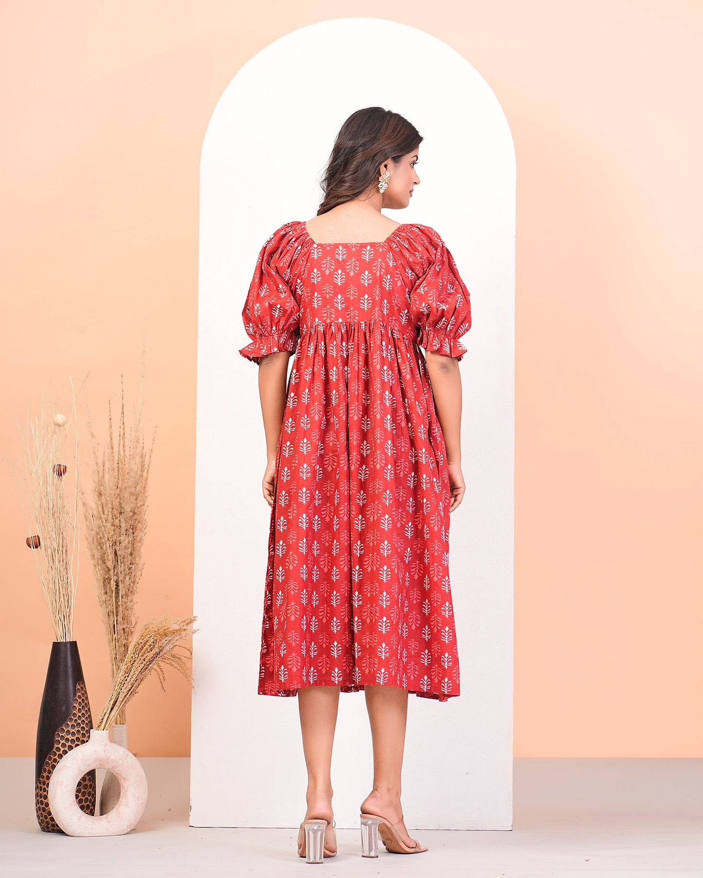 Coral Red Cotton Comfort Calf-Length Dress With Puff Sleeves And Pockets