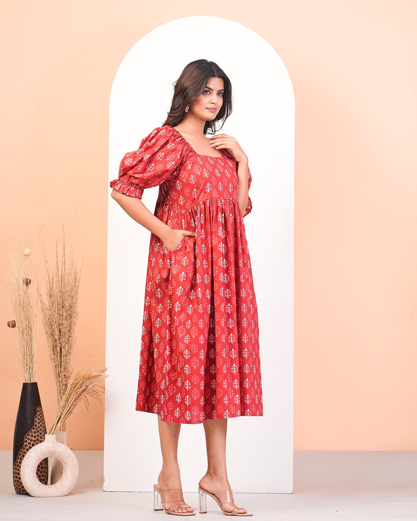 Coral Red Cotton Comfort Calf-Length Dress With Puff Sleeves And Pockets