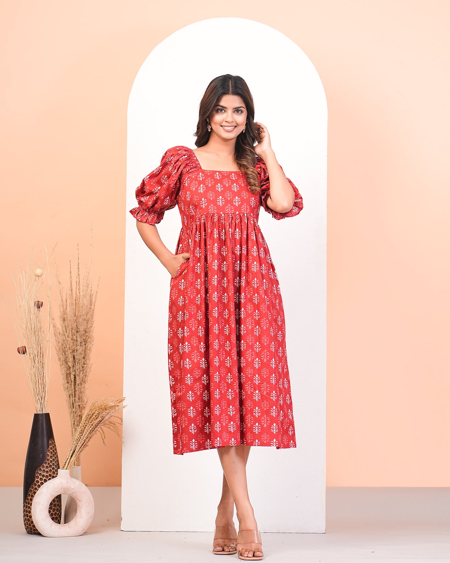 Coral Red Cotton Comfort Calf-Length Dress With Puff Sleeves And Pockets
