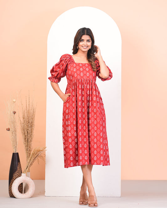 Coral Red Cotton Comfort Calf-Length Dress With Puff Sleeves And Pockets