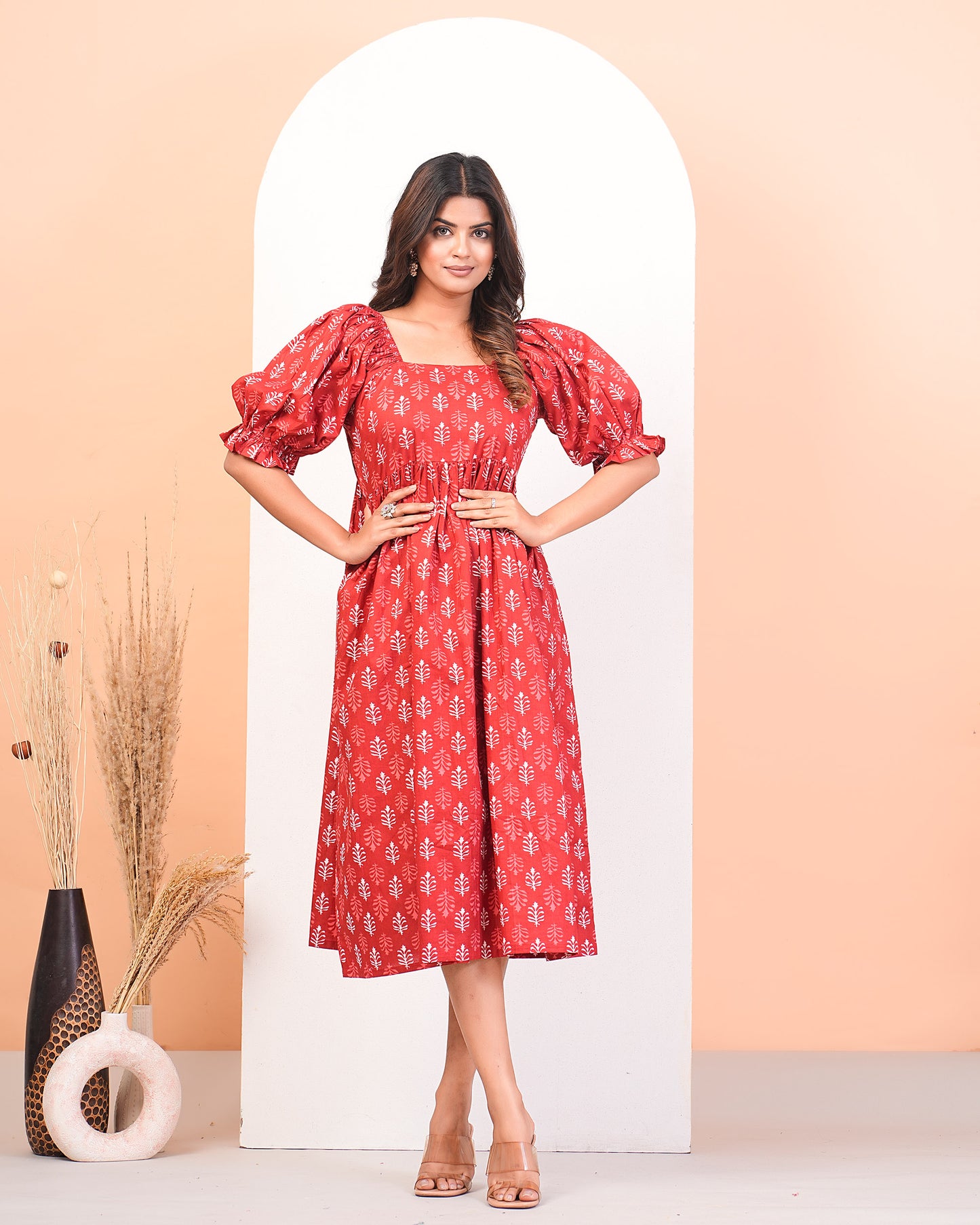Coral Red Cotton Comfort Calf-Length Dress With Puff Sleeves And Pockets