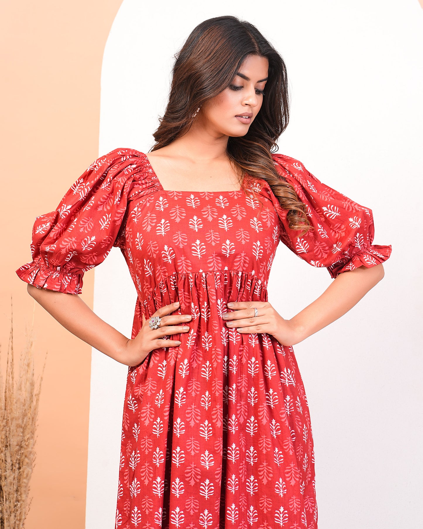Coral Red Cotton Comfort Calf-Length Dress With Puff Sleeves And Pockets