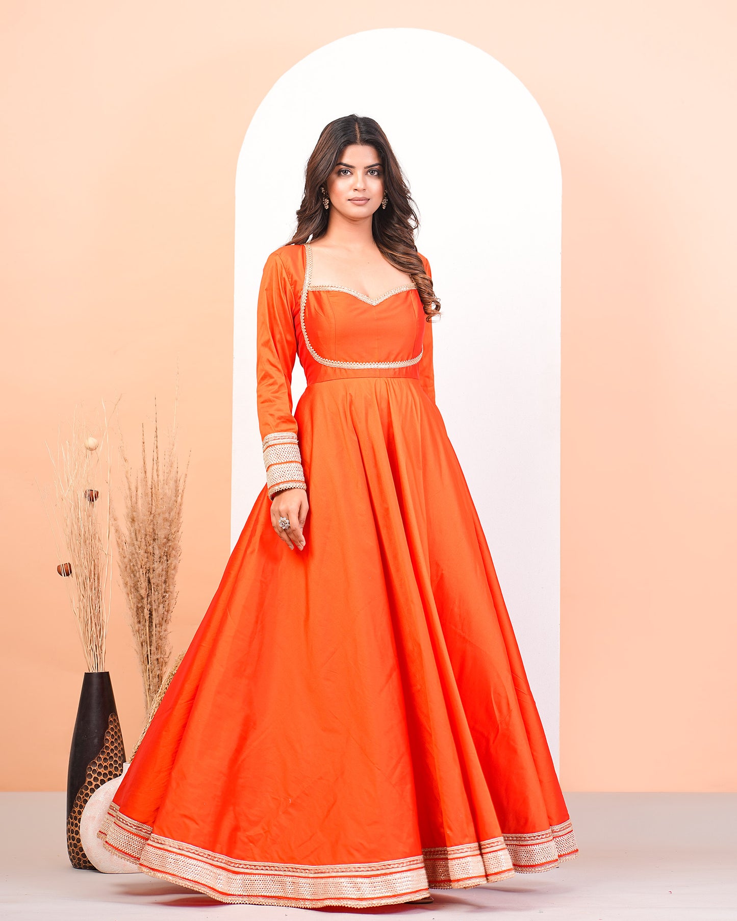 Shocking Orange Anarkali Suit Set With Lace Detailing