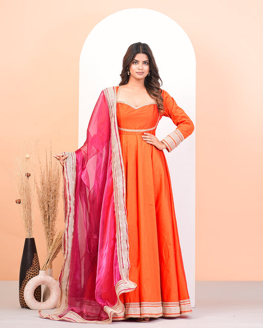 Shocking Orange Anarkali Suit Set With Lace Detailing