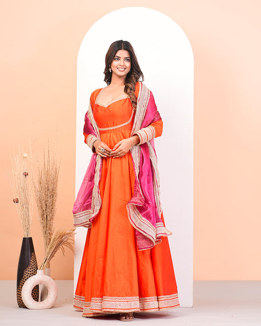 Shocking Orange Anarkali Suit Set With Lace Detailing