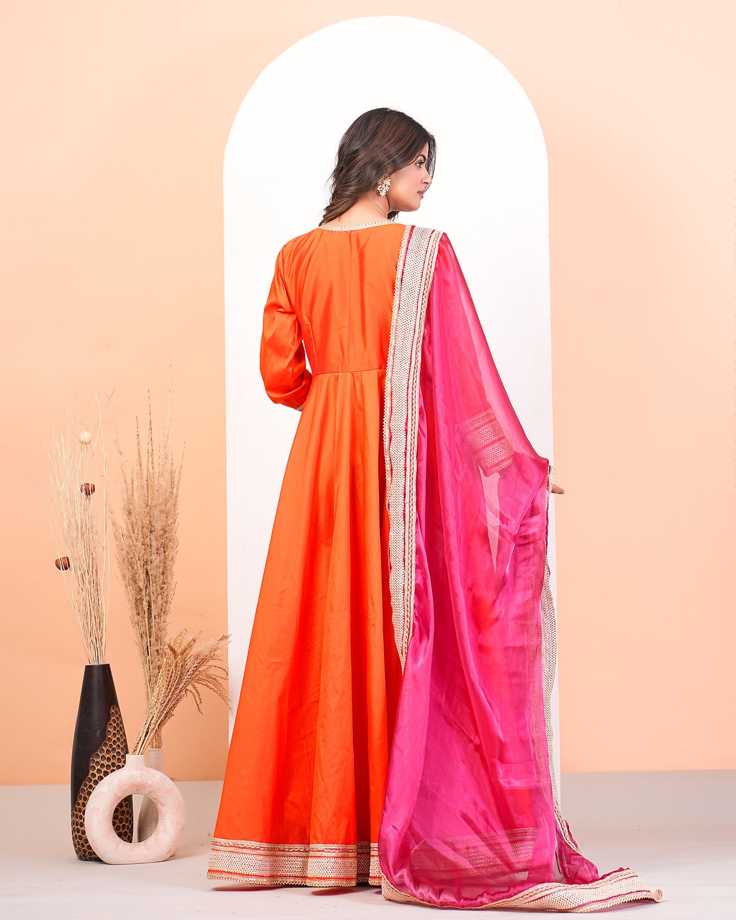 Shocking Orange Anarkali Suit Set With Lace Detailing