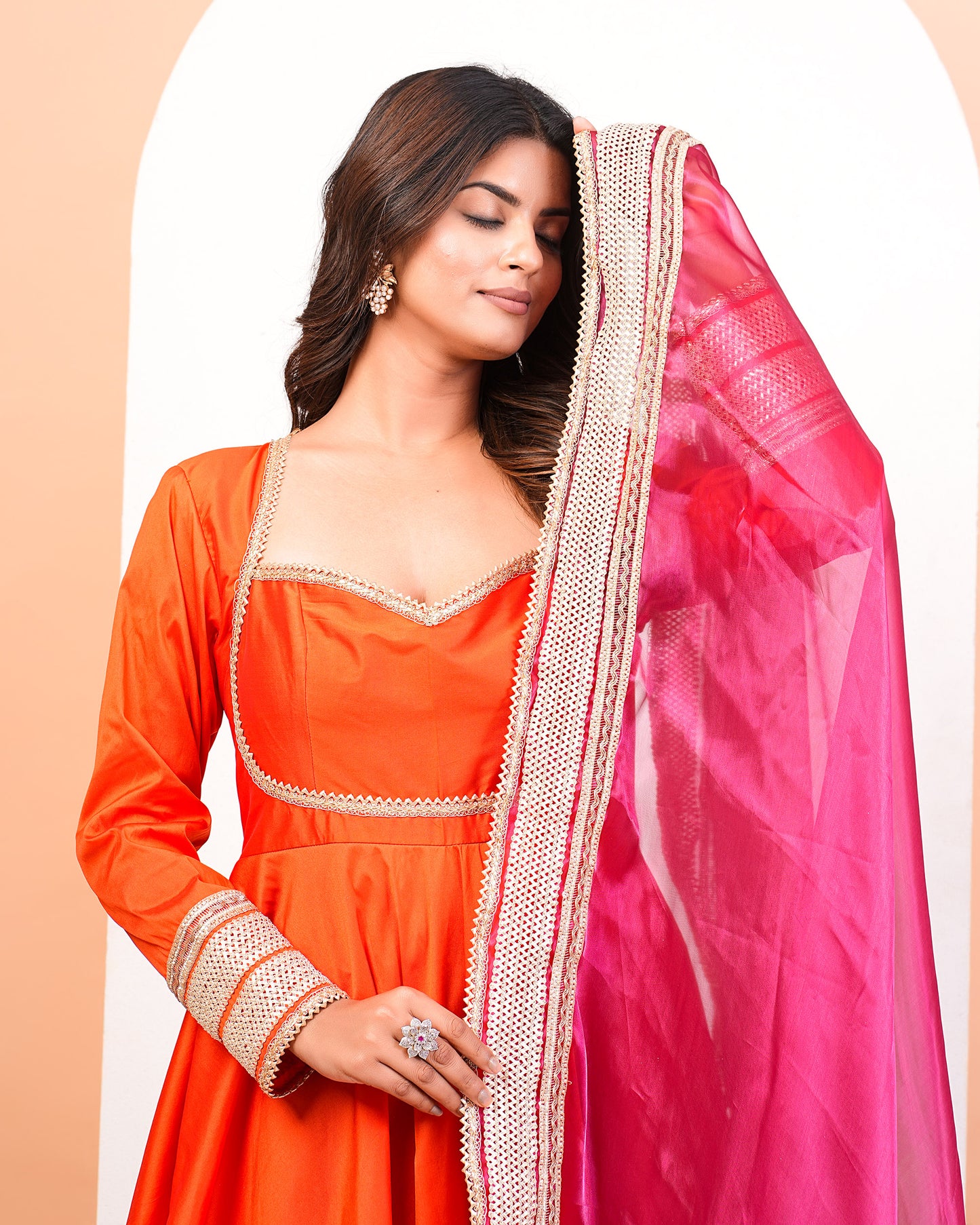 Shocking Orange Anarkali Suit Set With Lace Detailing
