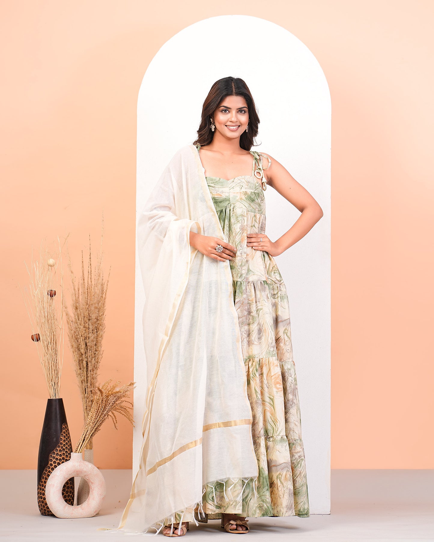 Multicolour Floral Abstract Layered Anarkali Kurta With Dupatta Set