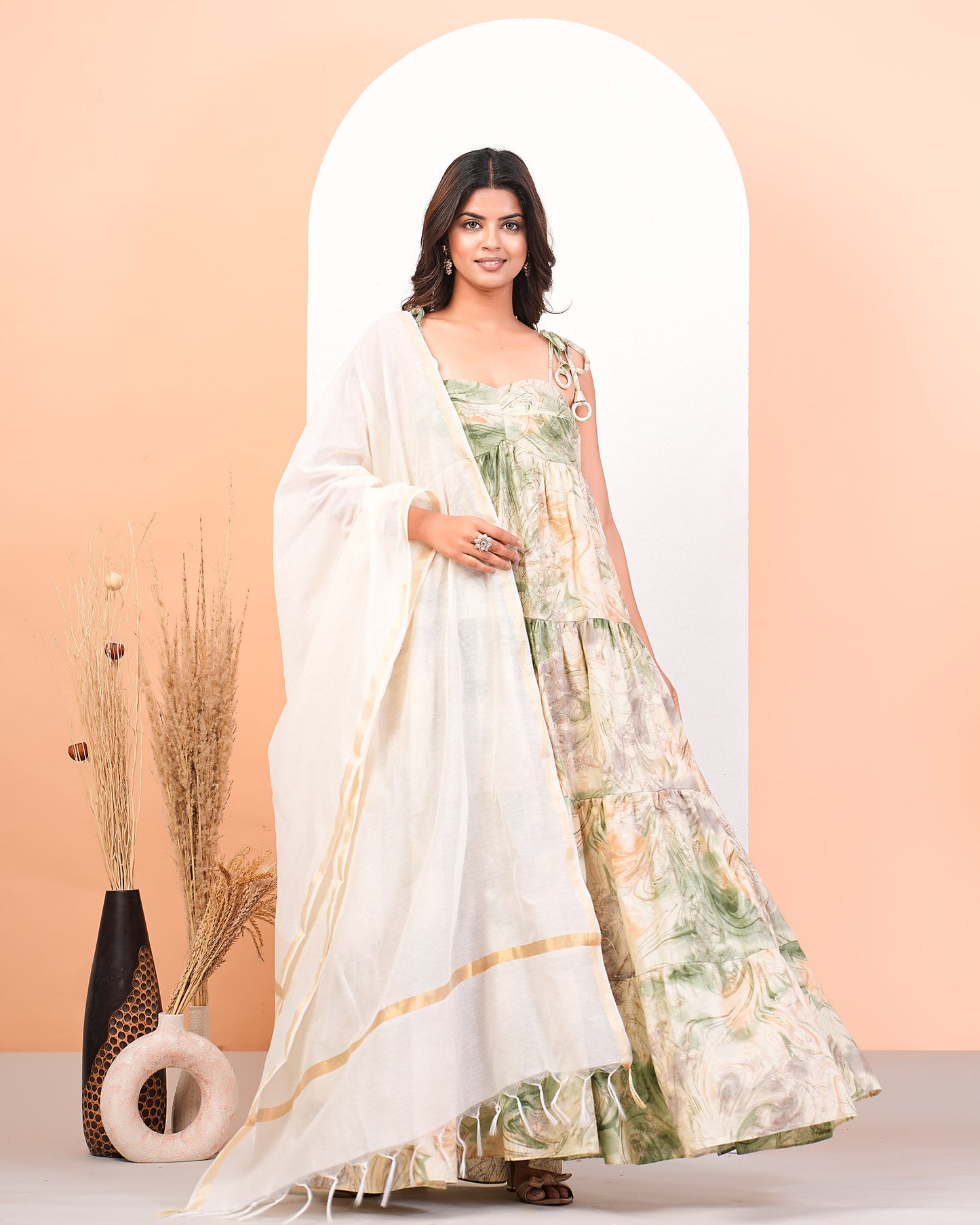 Multicolour Floral Abstract Layered Anarkali Kurta With Dupatta Set