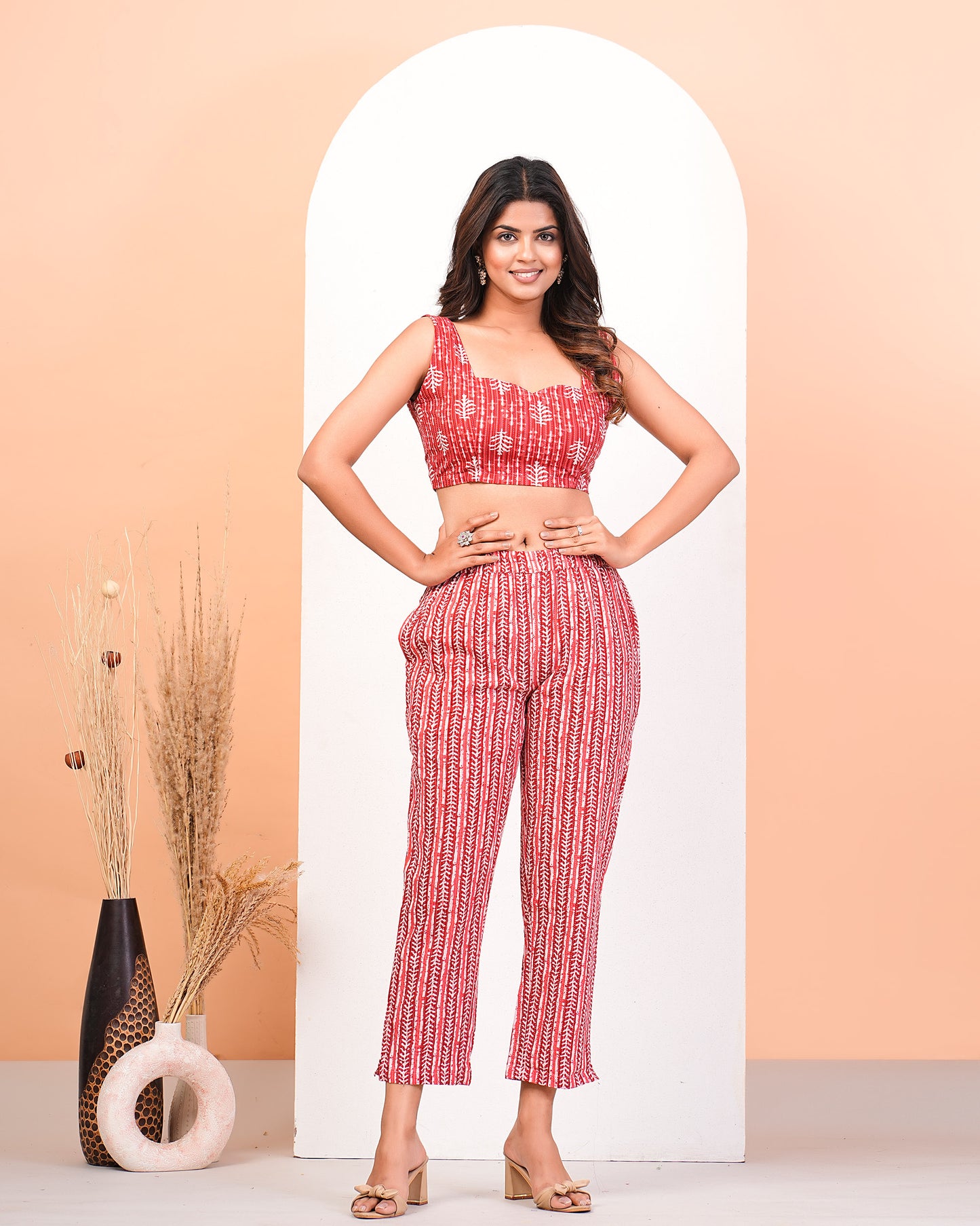 Red Katha Cotton Screen Printed Co-Ors Set