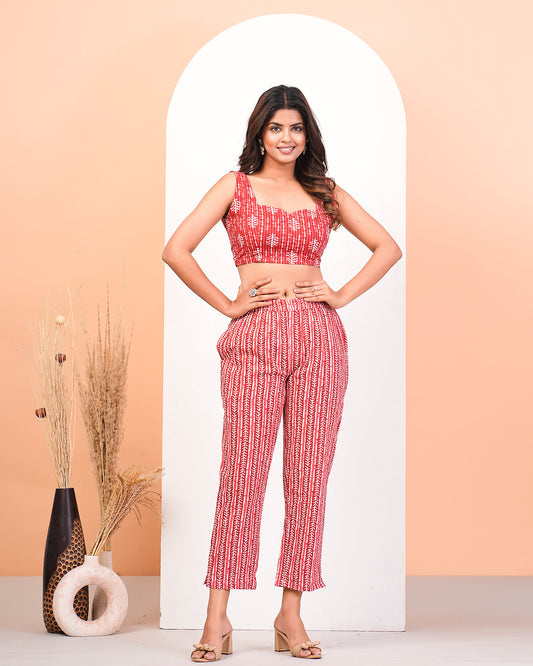 Red Katha Cotton Screen Printed Co-Ors Set