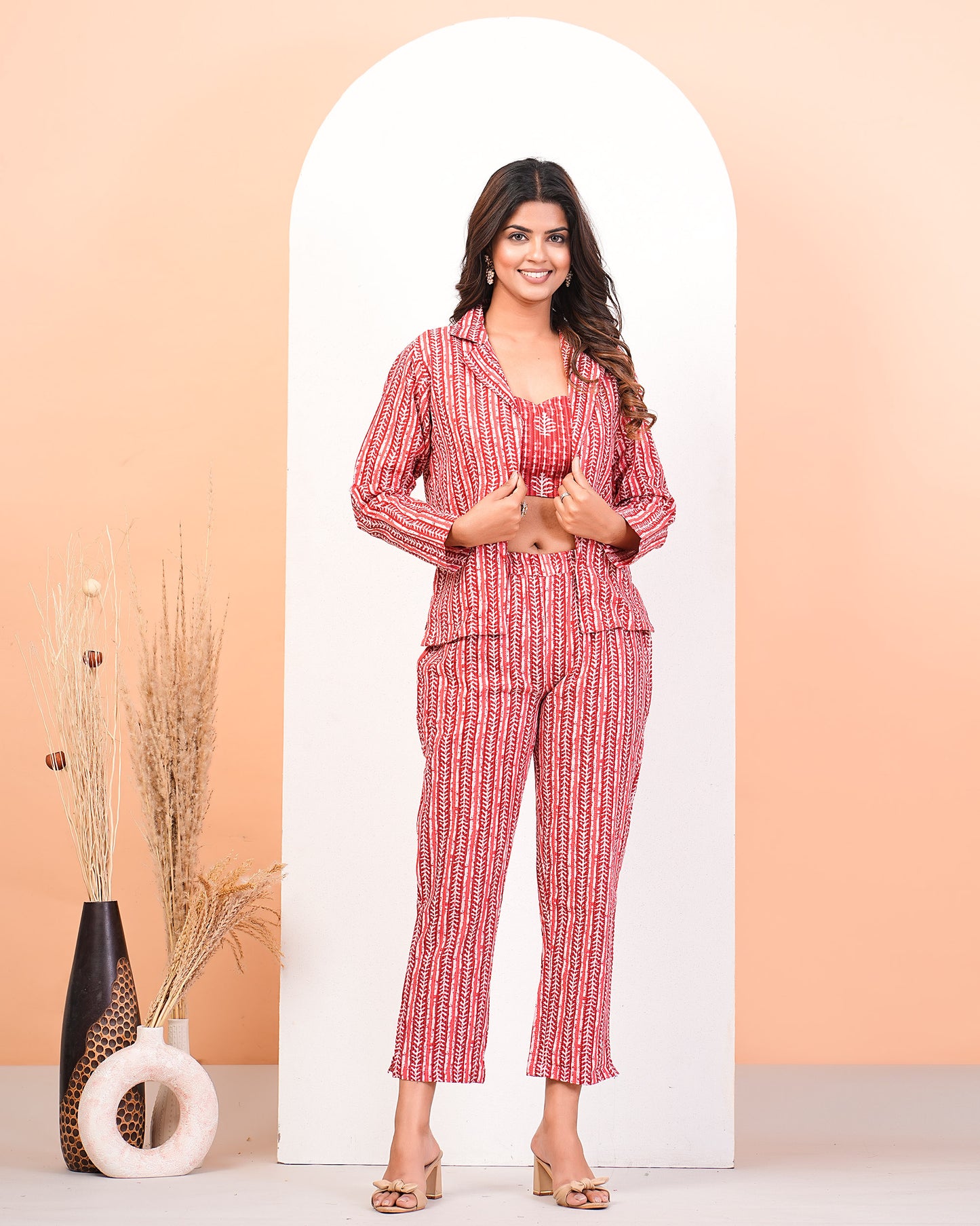 Red Katha Cotton Screen Printed Co-Ors Set