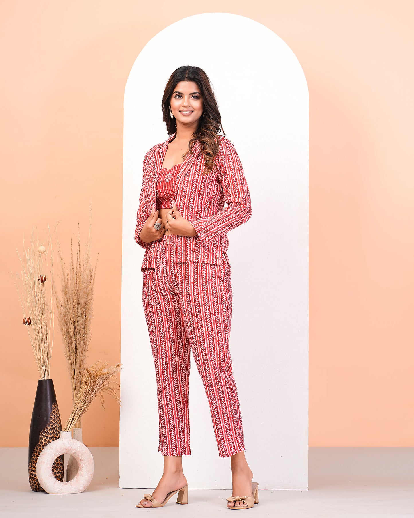 Red Katha Cotton Screen Printed Co-Ors Set