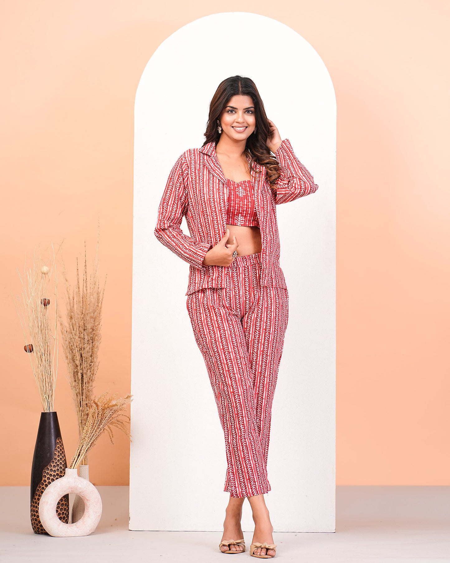 Red Katha Cotton Screen Printed Co-Ors Set