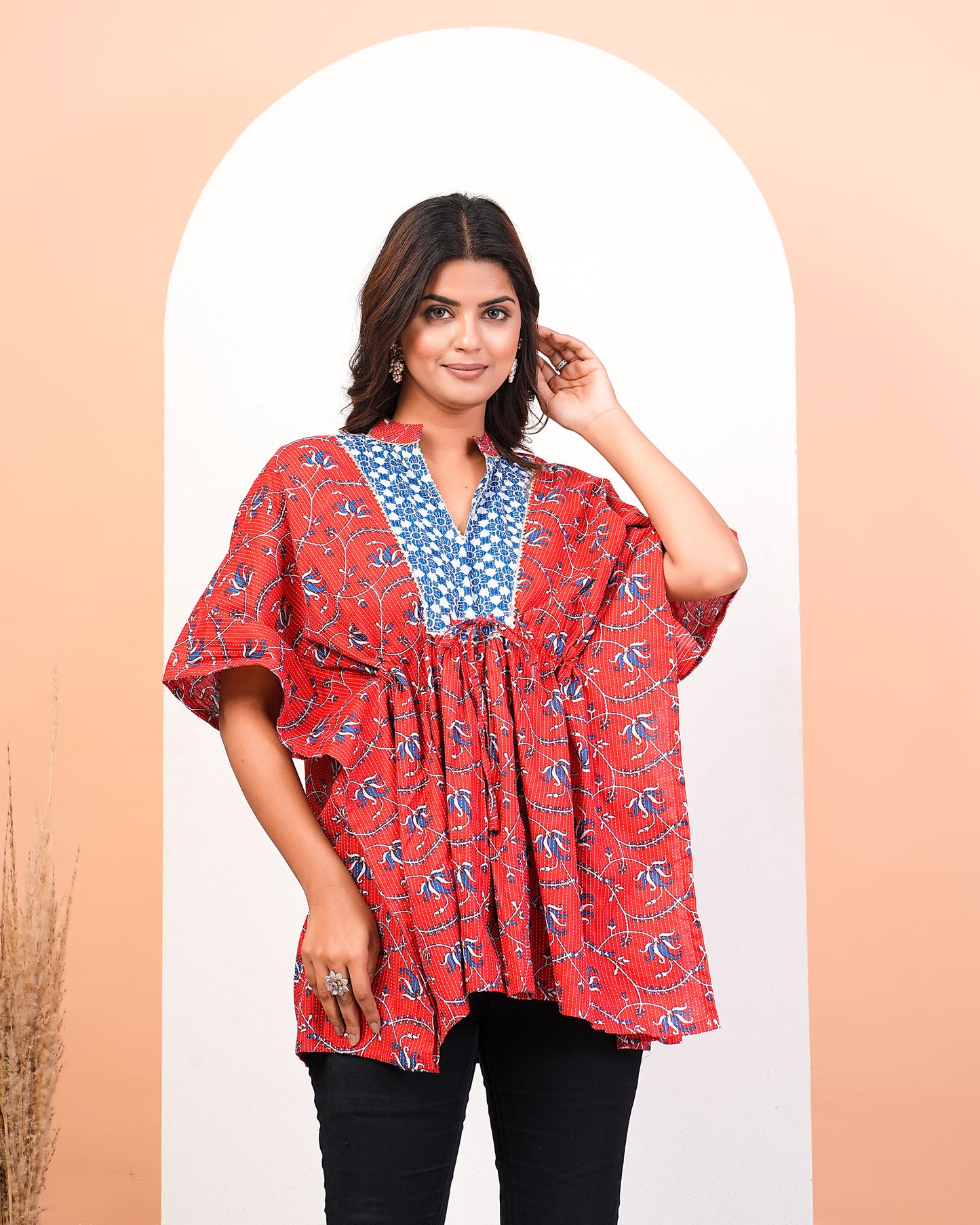 Floral Katha Red Kaftan With Drawstrings