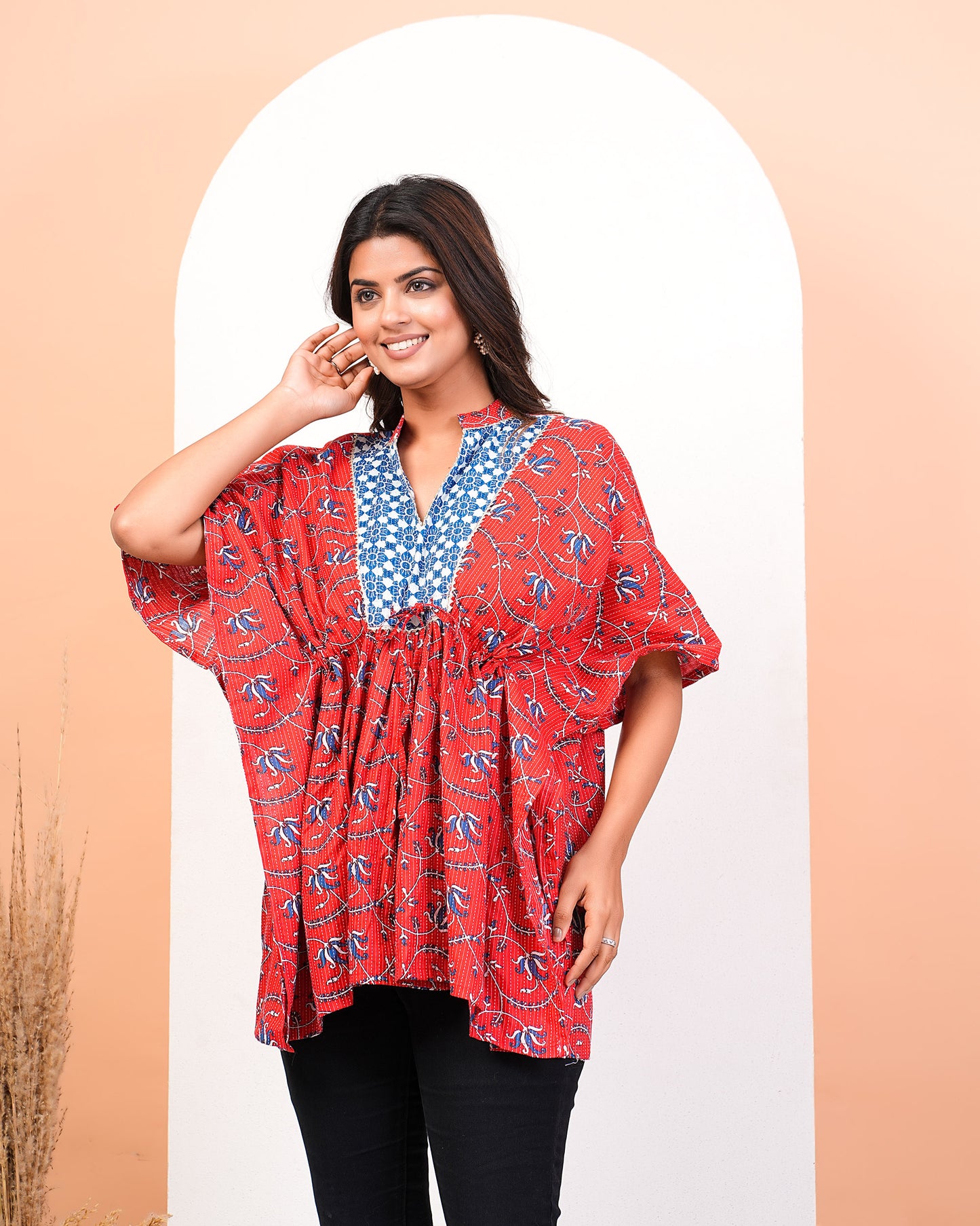Floral Katha Red Kaftan With Drawstrings