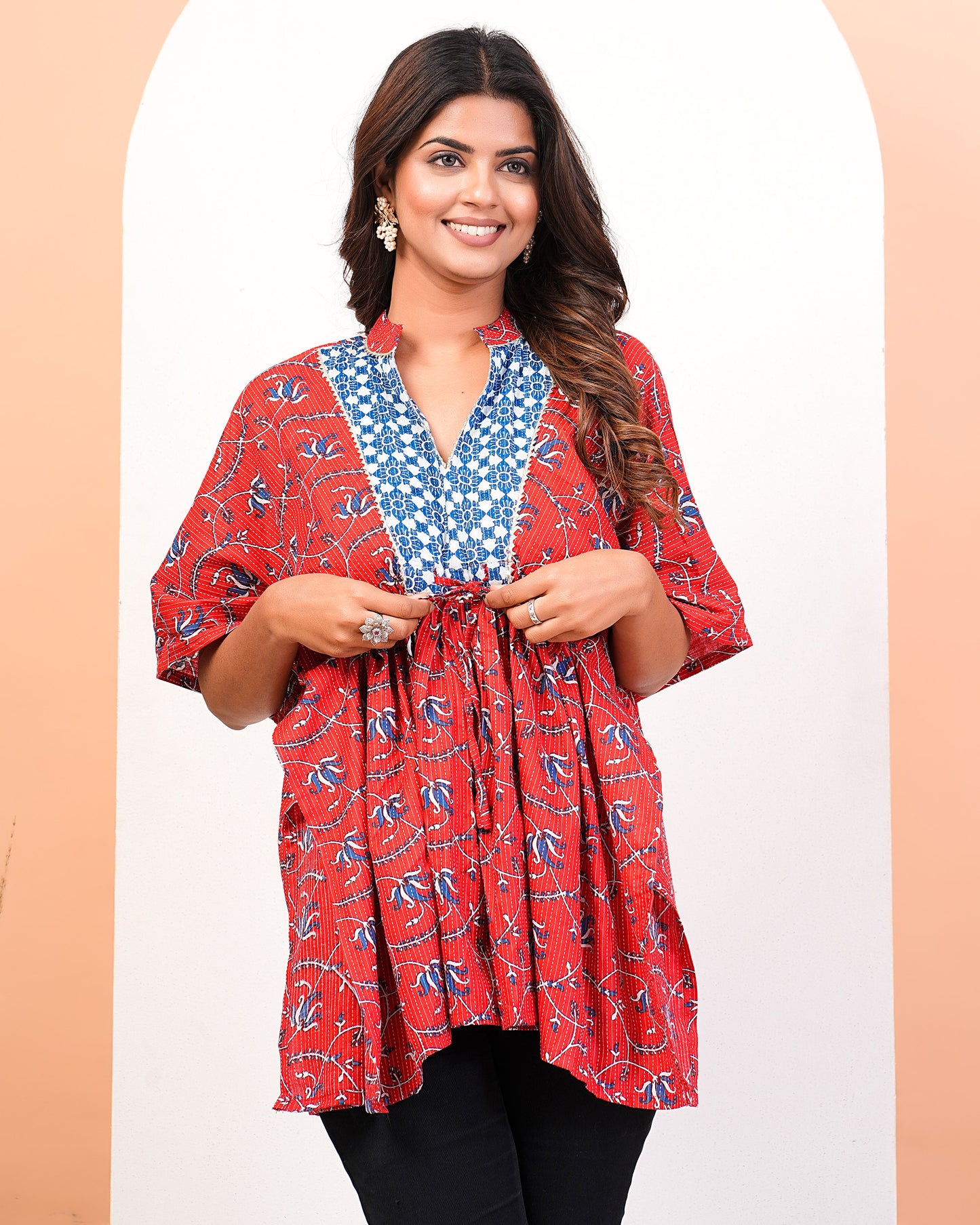 Floral Katha Red Kaftan With Drawstrings