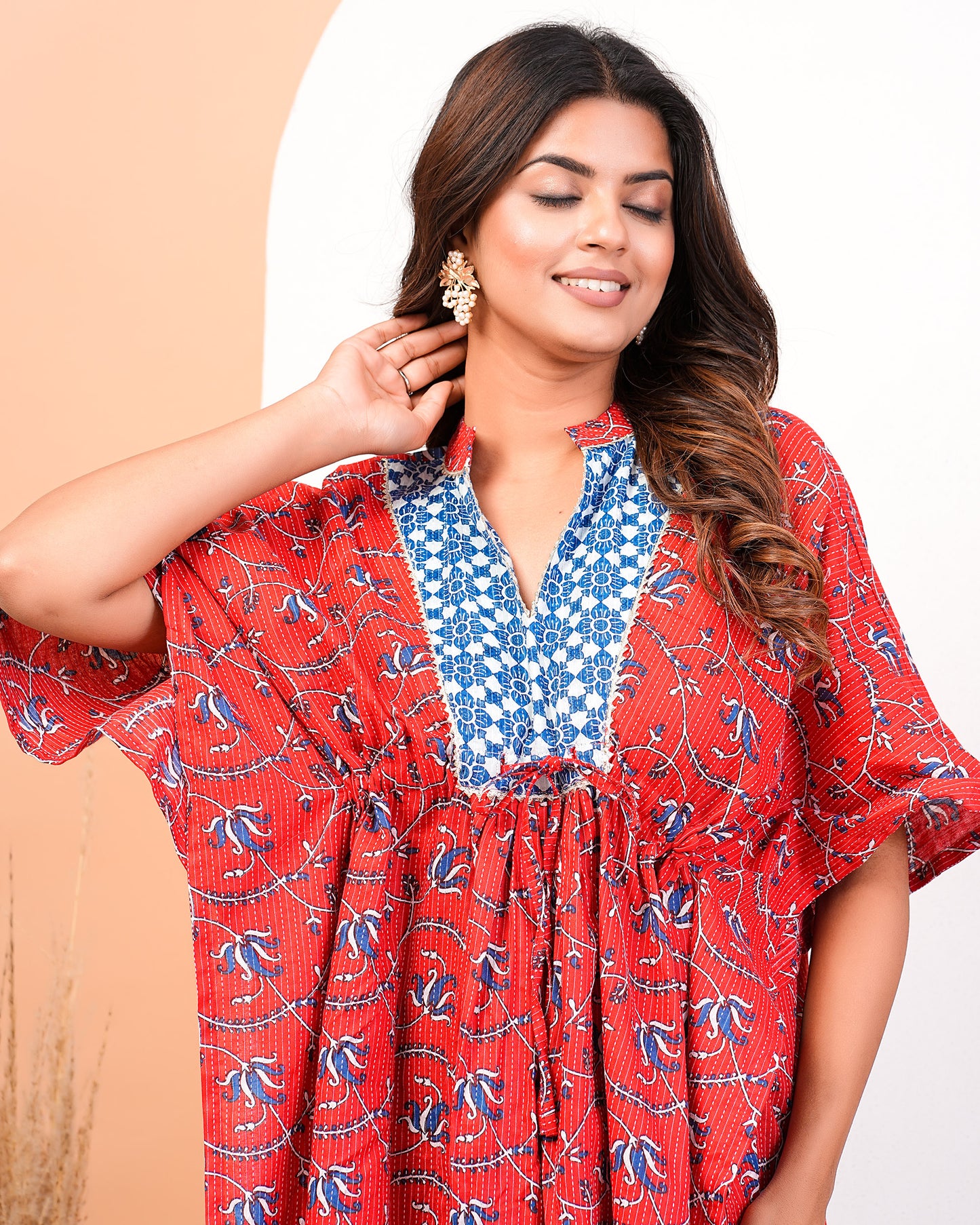 Floral Katha Red Kaftan With Drawstrings