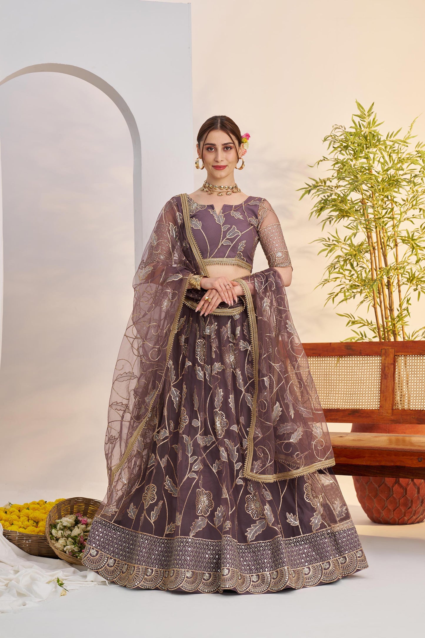 Mauve Butterfly Net Sequins & Tone to Tone Cotton Thread Work Wedding Guest Lehenga