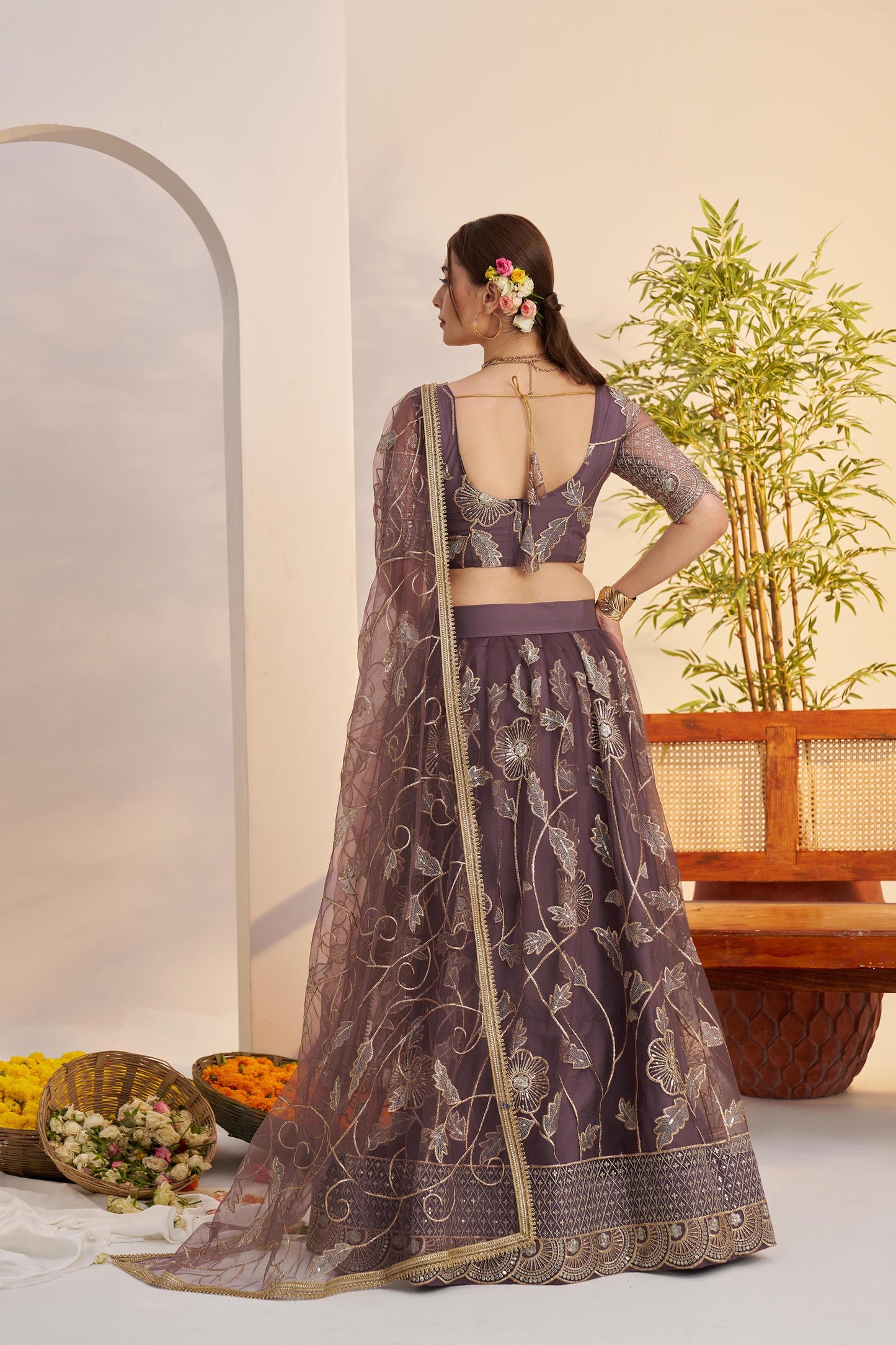 Mauve Butterfly Net Sequins & Tone to Tone Cotton Thread Work Wedding Guest Lehenga