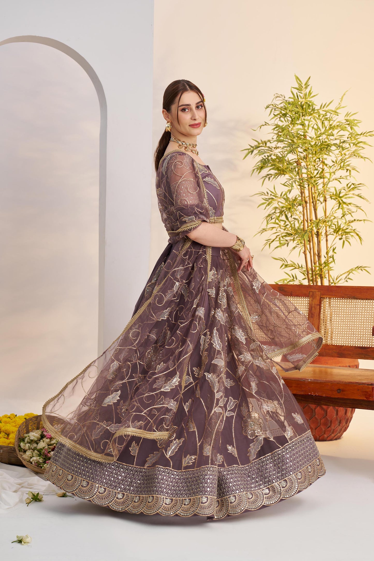 Mauve Butterfly Net Sequins & Tone to Tone Cotton Thread Work Wedding Guest Lehenga