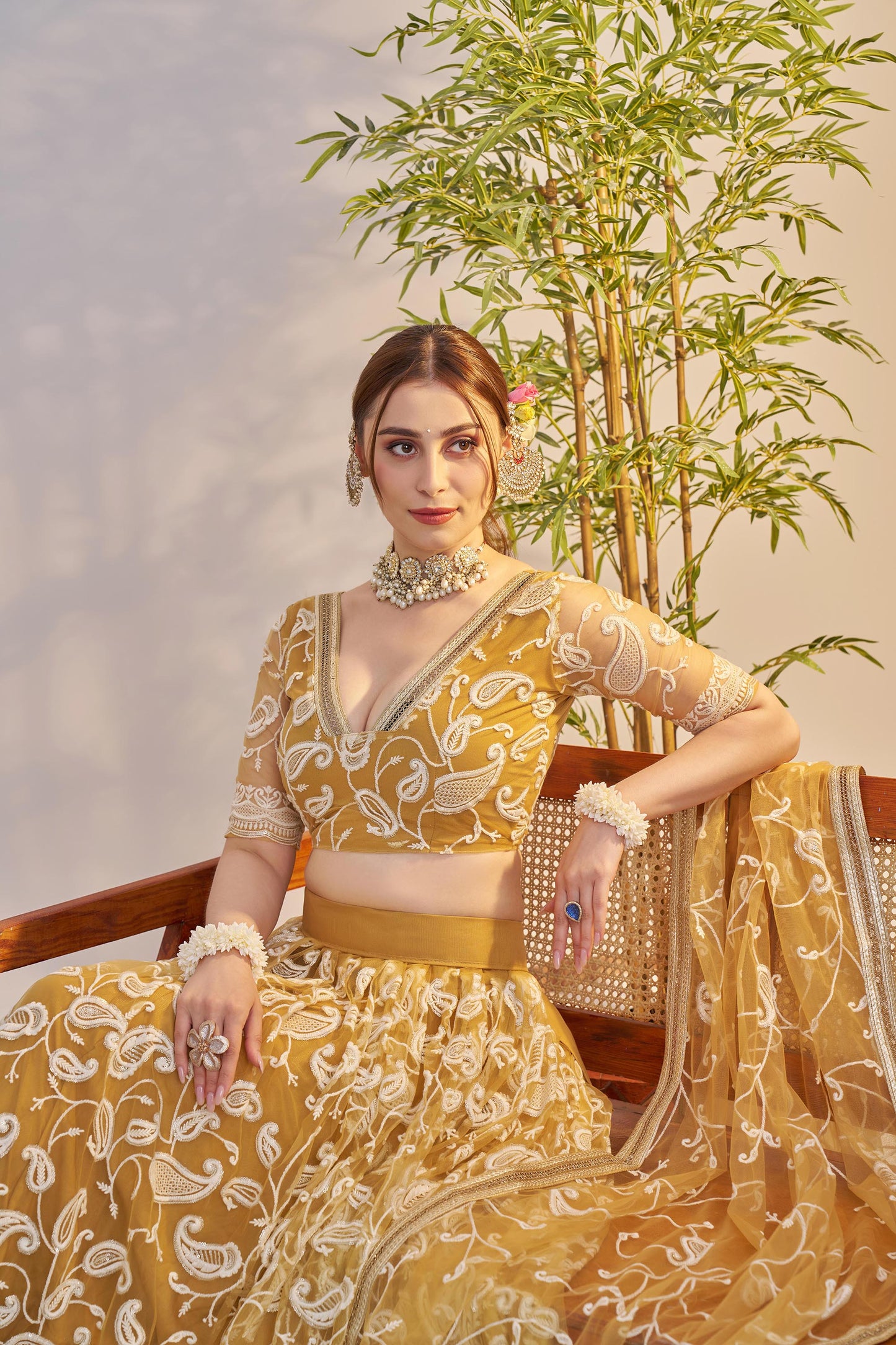 Yellow Butterfly Net Sequins & Tone to Tone Cotton Thread Work Wedding Guest Lehenga for Haldi