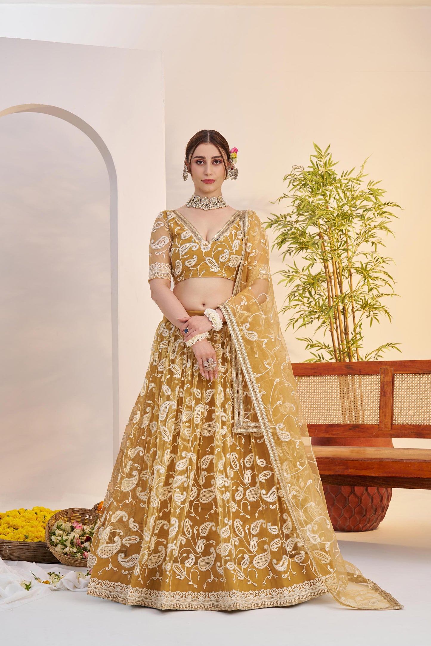 Yellow Butterfly Net Sequins & Tone to Tone Cotton Thread Work Wedding Guest Lehenga for Haldi