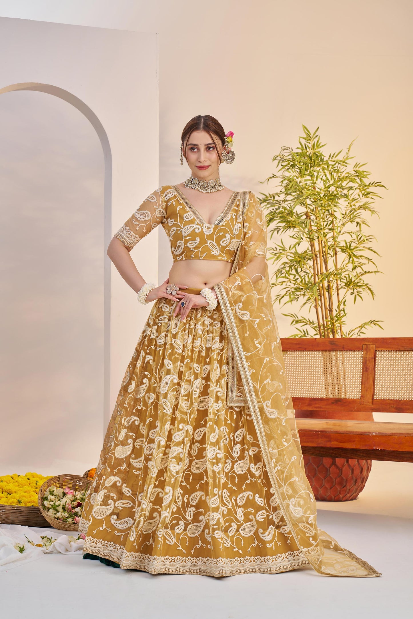 Yellow Butterfly Net Sequins & Tone to Tone Cotton Thread Work Wedding Guest Lehenga for Haldi