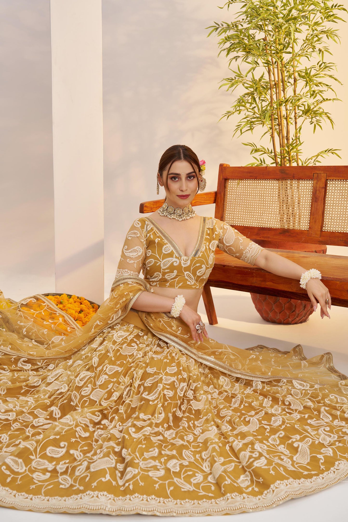 Yellow Butterfly Net Sequins & Tone to Tone Cotton Thread Work Wedding Guest Lehenga for Haldi
