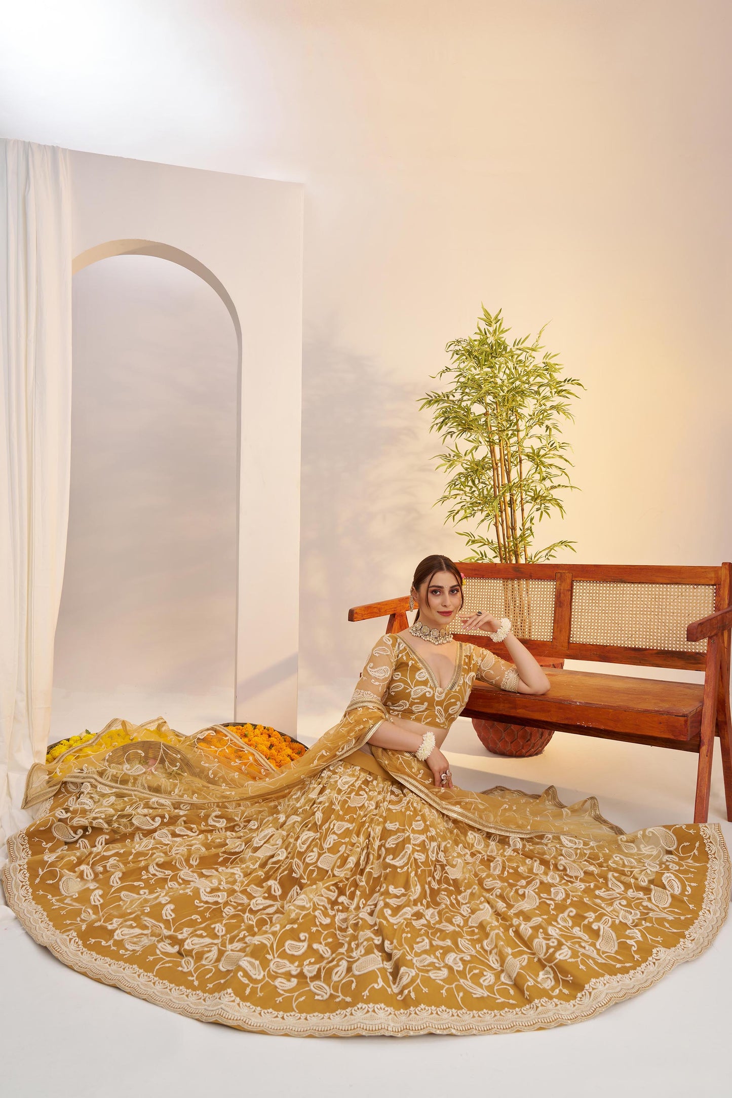 Yellow Butterfly Net Sequins & Tone to Tone Cotton Thread Work Wedding Guest Lehenga for Haldi